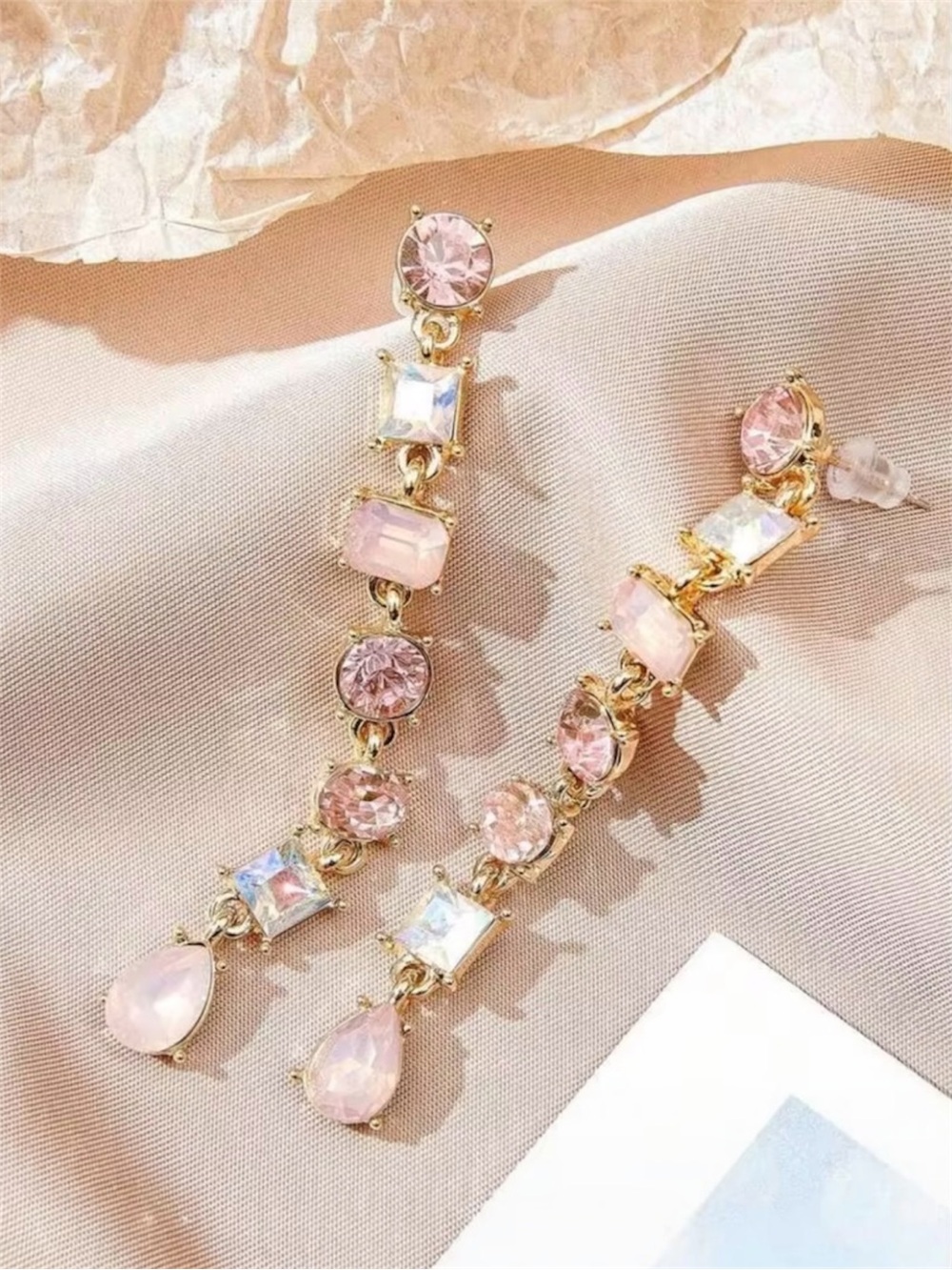 Long Crystal Women’s Dangle Drop Earrings Multi Color Pink Rhinestone Ombré - Picture 2 of 4
